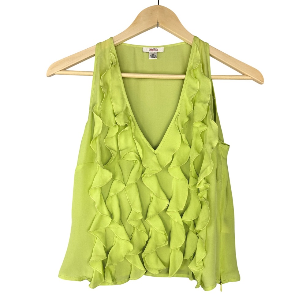 Cache Ruffle Tank Womens 4 Green 100% Silk V-Neck Sleeveless Side Zip Top
